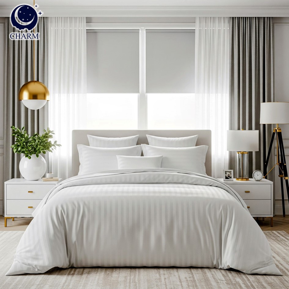 ชุดเครื่องนอน 5 ฟุต 6 ชิ้น CHARM ผ้าซาตินลายริ้ว สีขาว_3